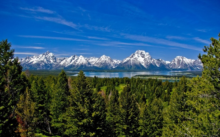 Snow-capped mountains over a forest and lake