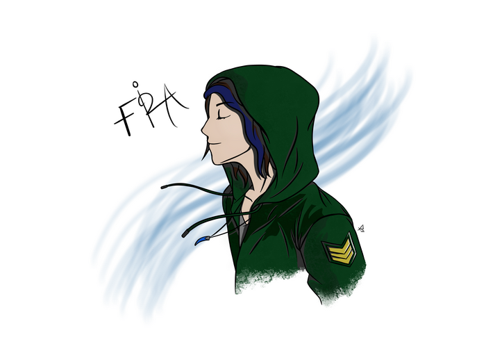 Artwork of a person with blue streaks in hair wearing a green hoodie