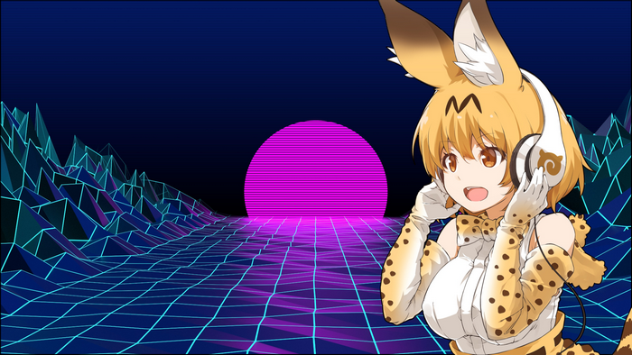 Serval from Kemono Friends listening to music with headphones