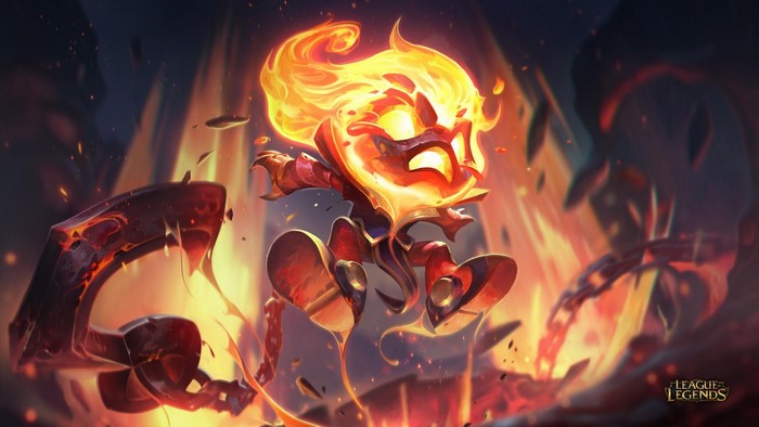 Amumu from League of Legends in a fiery environment