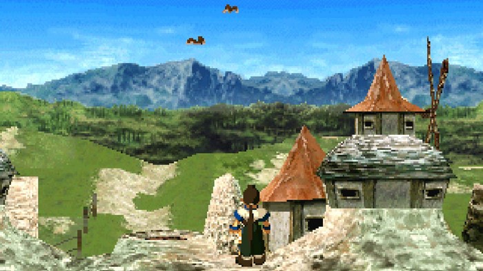 Character from Xenogears in a pixel art landscape