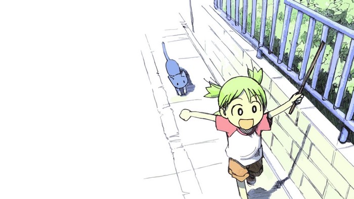 Yotsuba&! Girl and Cat Running on Sidewalk