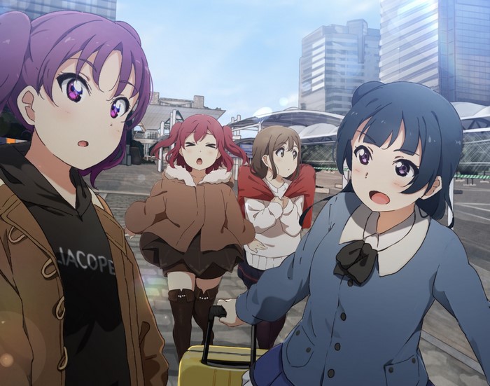 Anime girls from Love Live! Sunshine walking with luggage