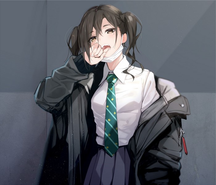 Anime girl with pigtails wearing a school uniform and jacket