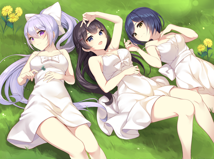 Three anime girls in white dresses lying on grass