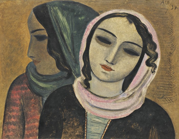 Two women in headscarves, painting
