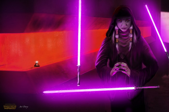 Star Wars artwork of a woman with purple lightsabers