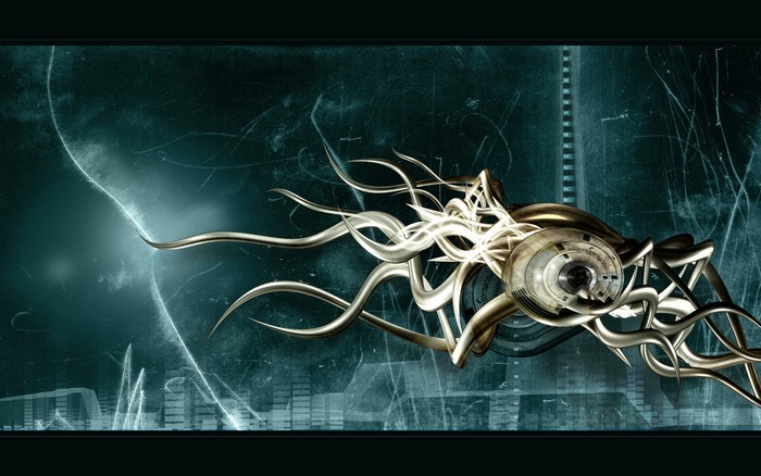 Futuristic abstract metallic tentacles with mechanical eye