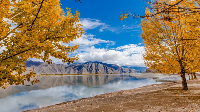 Autumn trees reflecting in a lake with mountains