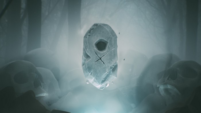 Floating Rune Stone Amidst Skulls in Foggy Forest
