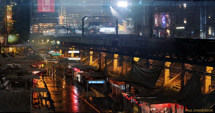 Cyberpunk Cityscape with Market and Train Tracks by Paul Chadeisson