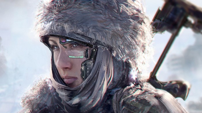 Woman in futuristic gear with a weapon