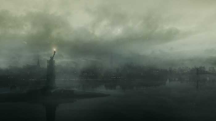 Statue of Liberty in a dark, foggy cityscape
