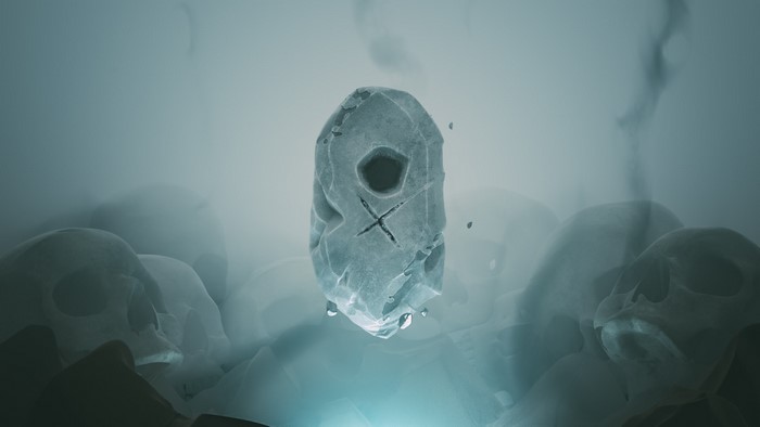 Floating Rune Stone Amidst Skulls