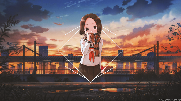 Anime girl with scarf at sunset