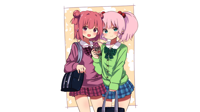 Akaza Akari and Yoshikawa Chinatsu from Yuru Yuri sharing headphones