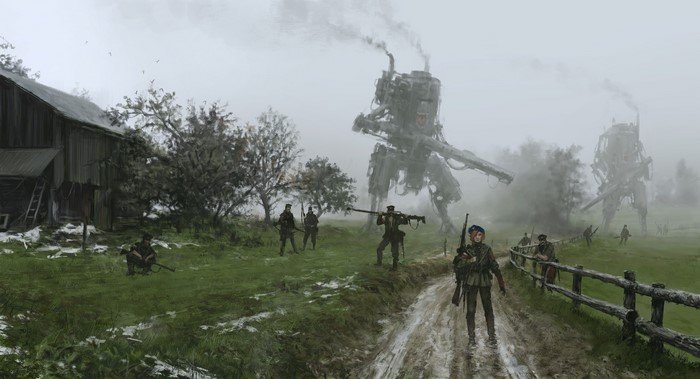Soldiers and mechs in a foggy landscape illustration