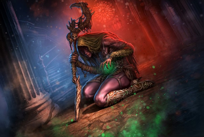 Fantasy witch with staff and glowing orb