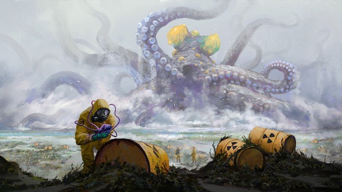 Giant octopus and hazmat suit figures near radioactive barrels