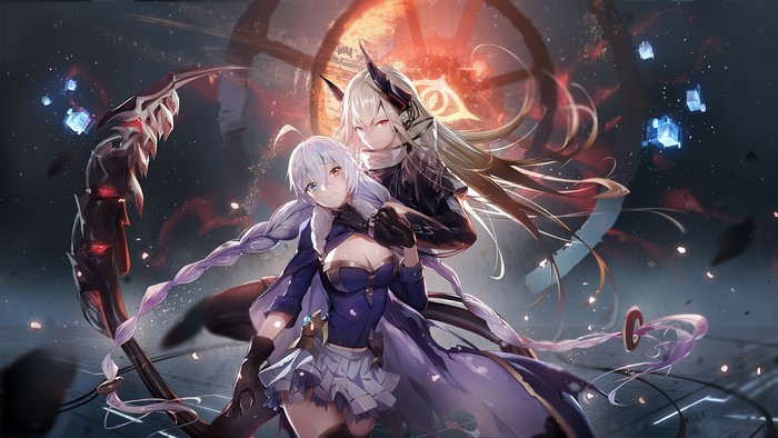 Two anime girls with a scythe and a fiery background