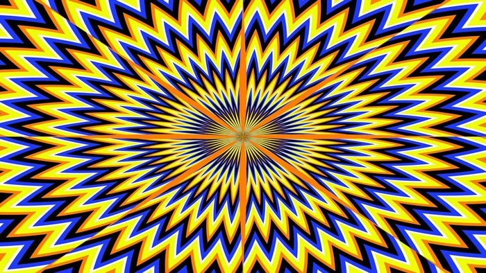 Optical illusion with blue, yellow, and orange zigzags