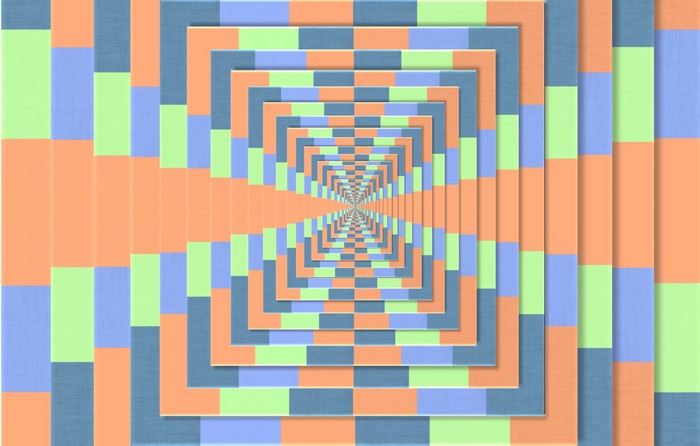 Abstract optical illusion with orange, green, and blue rectangles