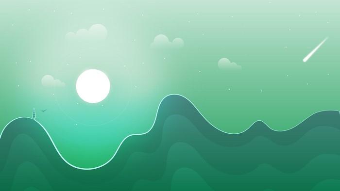 Minimalist green landscape with hills, clouds, and a shooting star