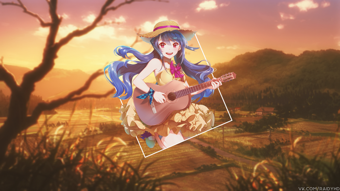 Anime girl with guitar in a field at sunset