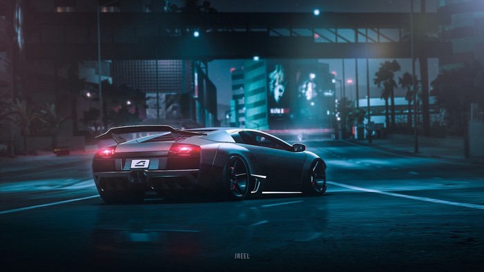 Lamborghini Murcielago on a city street at night