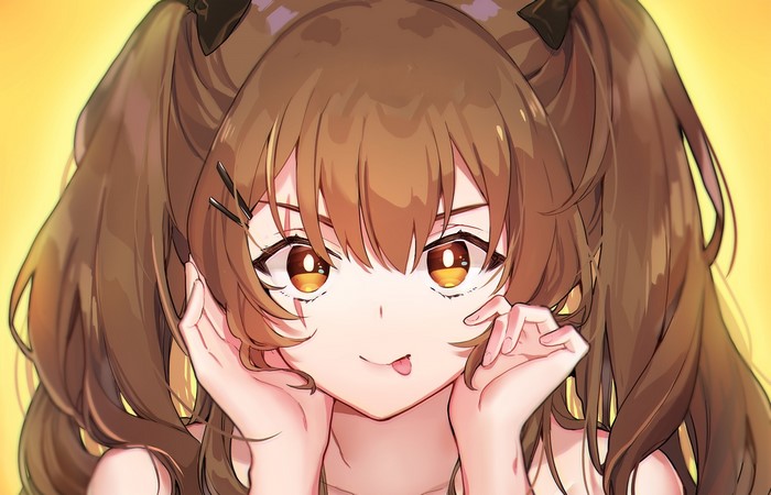 Anime girl with brown pigtails sticking out tongue
