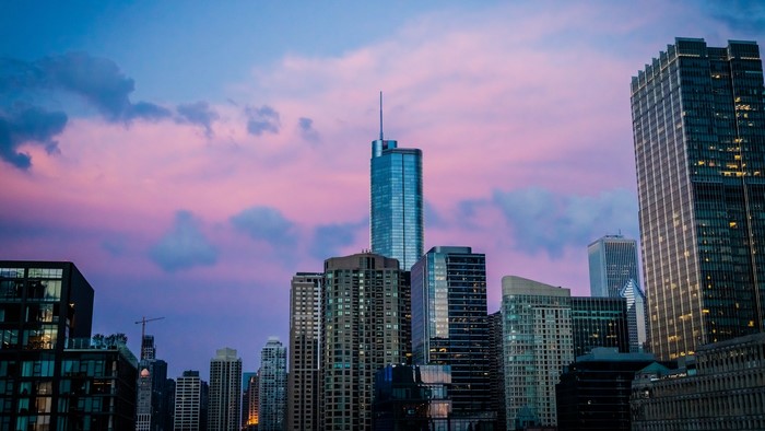Chicago skyscrapers at sunset with pink and blue sky