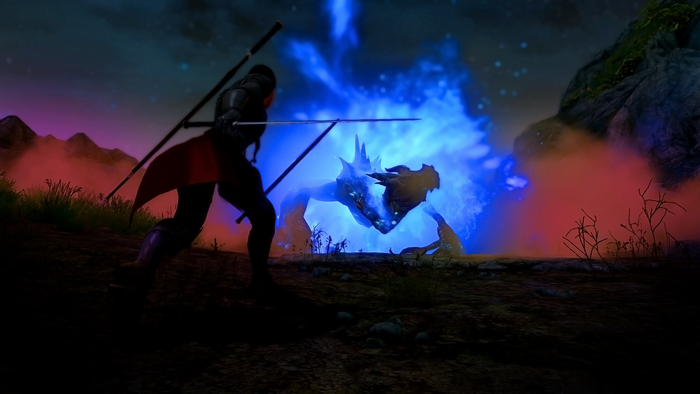 Warrior fighting a dragon in a video game