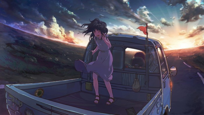 Anime girl in a dress riding in the back of a truck at sunrise