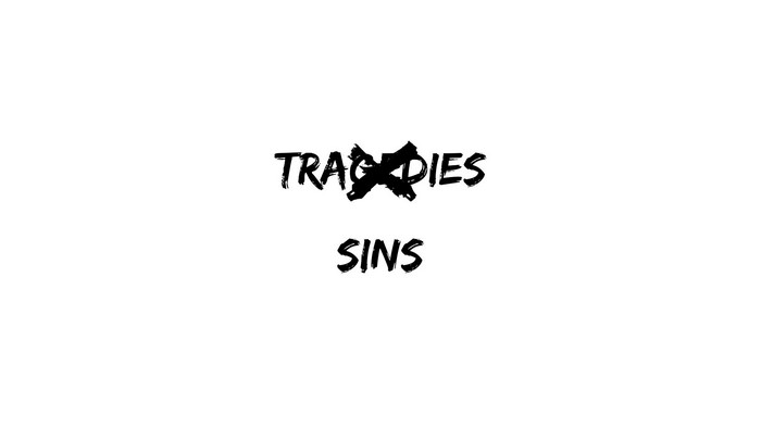 Panic at the Disco! logo with 'Tragedies' crossed out and 'Sins' below