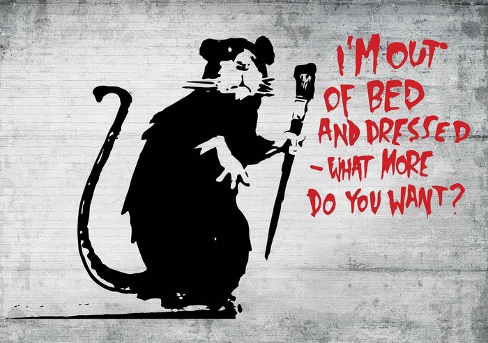 Banksy rat with cane and text