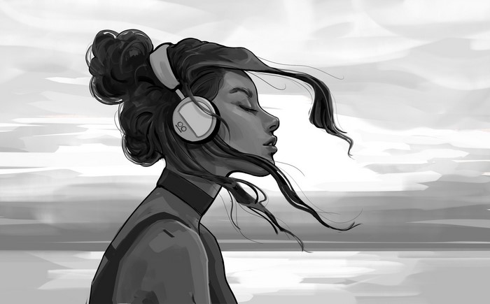 Monochrome illustration of a woman with headphones