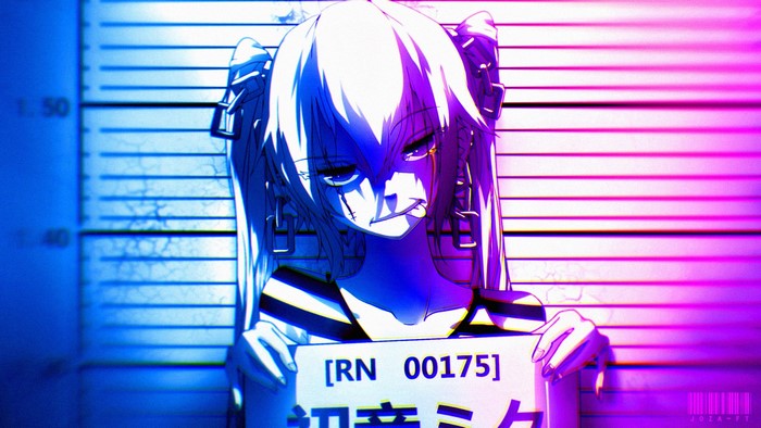 Anime girl with pigtails holding a mugshot sign