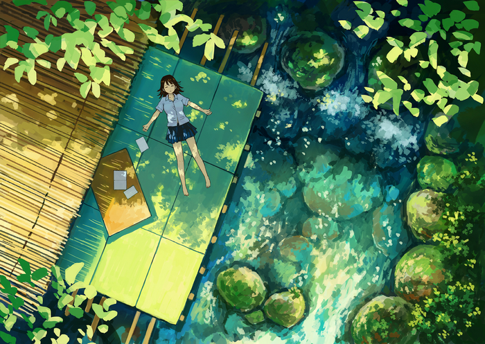 Anime girl lying on a mat by a stream