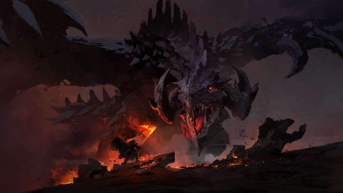 A knight faces a massive dragon in a fiery landscape