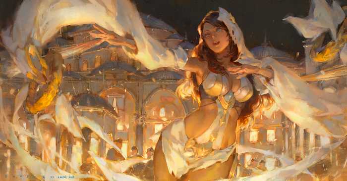 Woman in gold and white cloth in a fantasy city at night