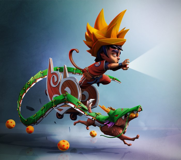 Goku from Dragon Ball riding a dragon
