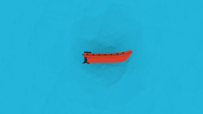 Orange inflatable boat with outboard motor on cyan water