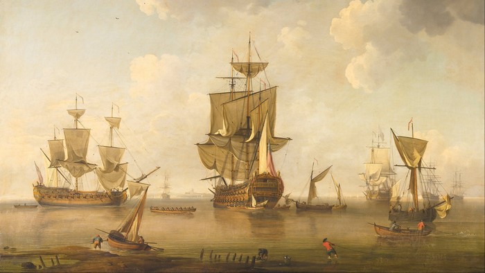 Painting of ships in a harbor