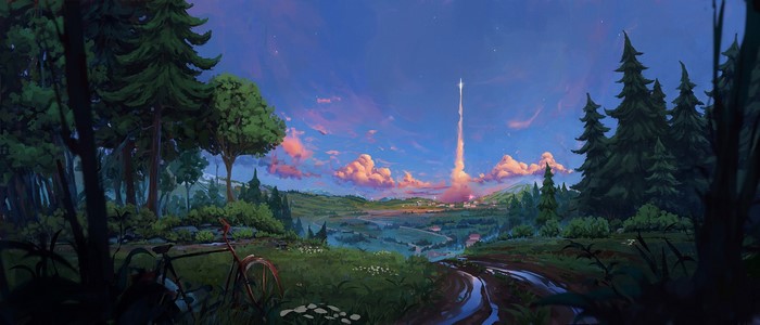 Artwork of a landscape with a rocket launch