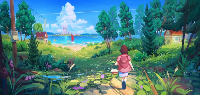 Anime girl with backpack walks towards a lake