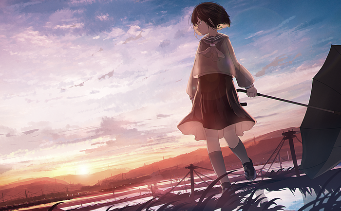 Anime girl with umbrella at sunset