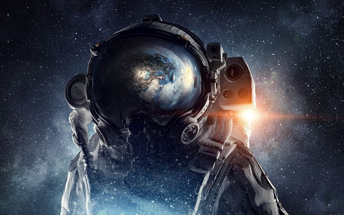 Astronaut in space with Earth reflection