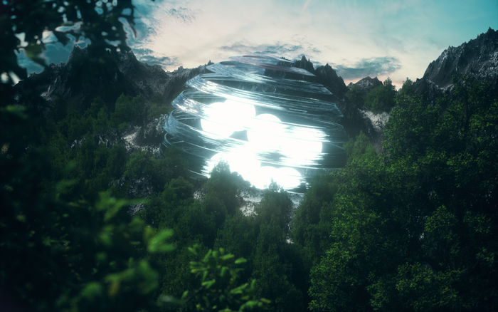 Abstract swirling sphere with lights in a forest