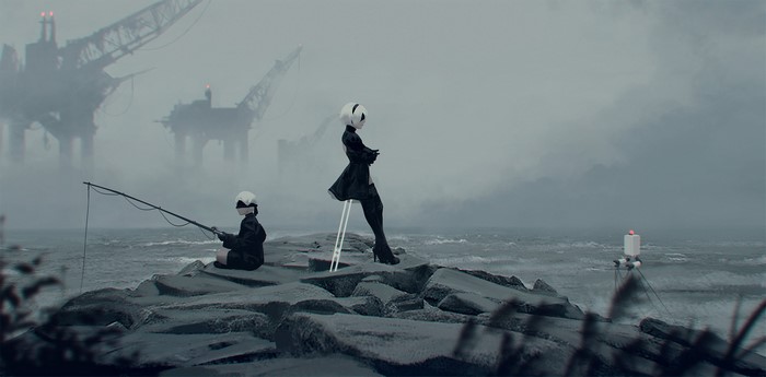 2B and 9S fishing from Nier: Automata