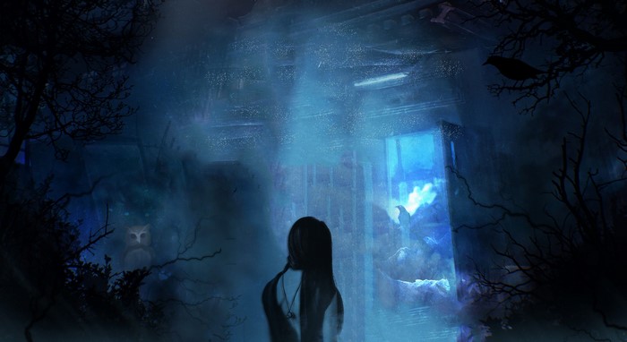 Girl in dark room with blue light and owl